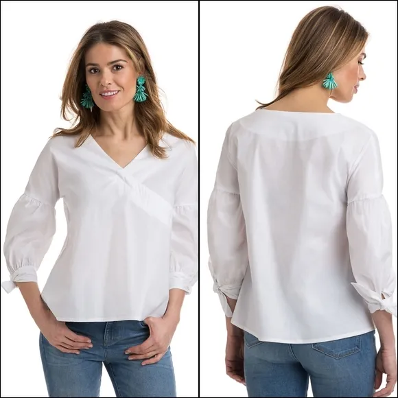 {XS} Vineyard Vines Women's Cross Front Bell Sleeve Blouse Tie Cuff - Image 2