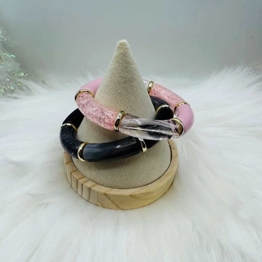 Chic Colorblock Resin Bangle Bracelet 2 pieces set 2 Pink - Image 3