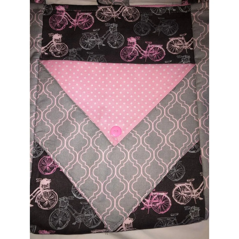 Bag Shoulder Tote Handmade Bicycle Print Pink Gray Blue New Fabric Lightweight - Image 2