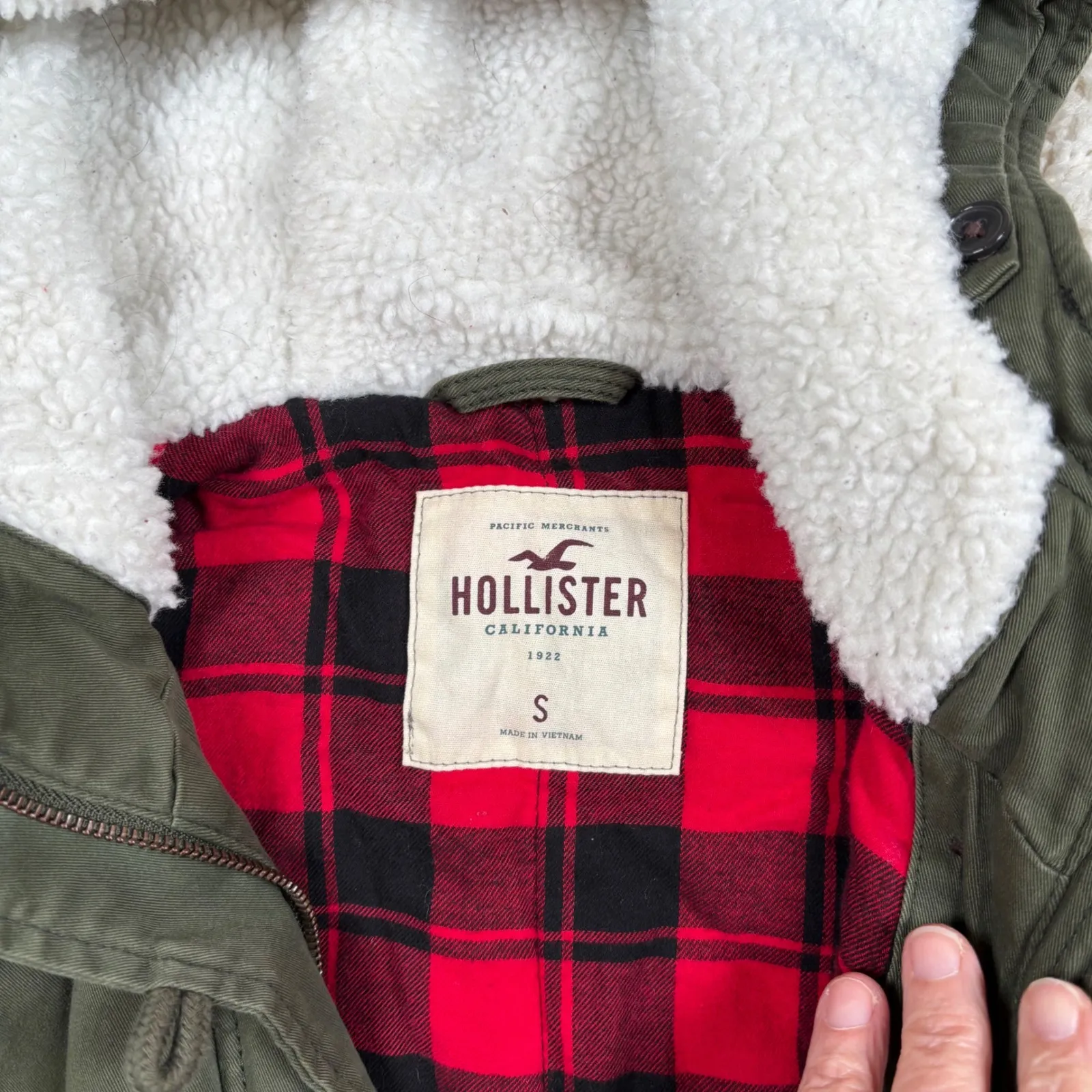 Hollister Sherpa Lined Utility Jacket Military Green Hooded Parka Women's Size S - Image 5