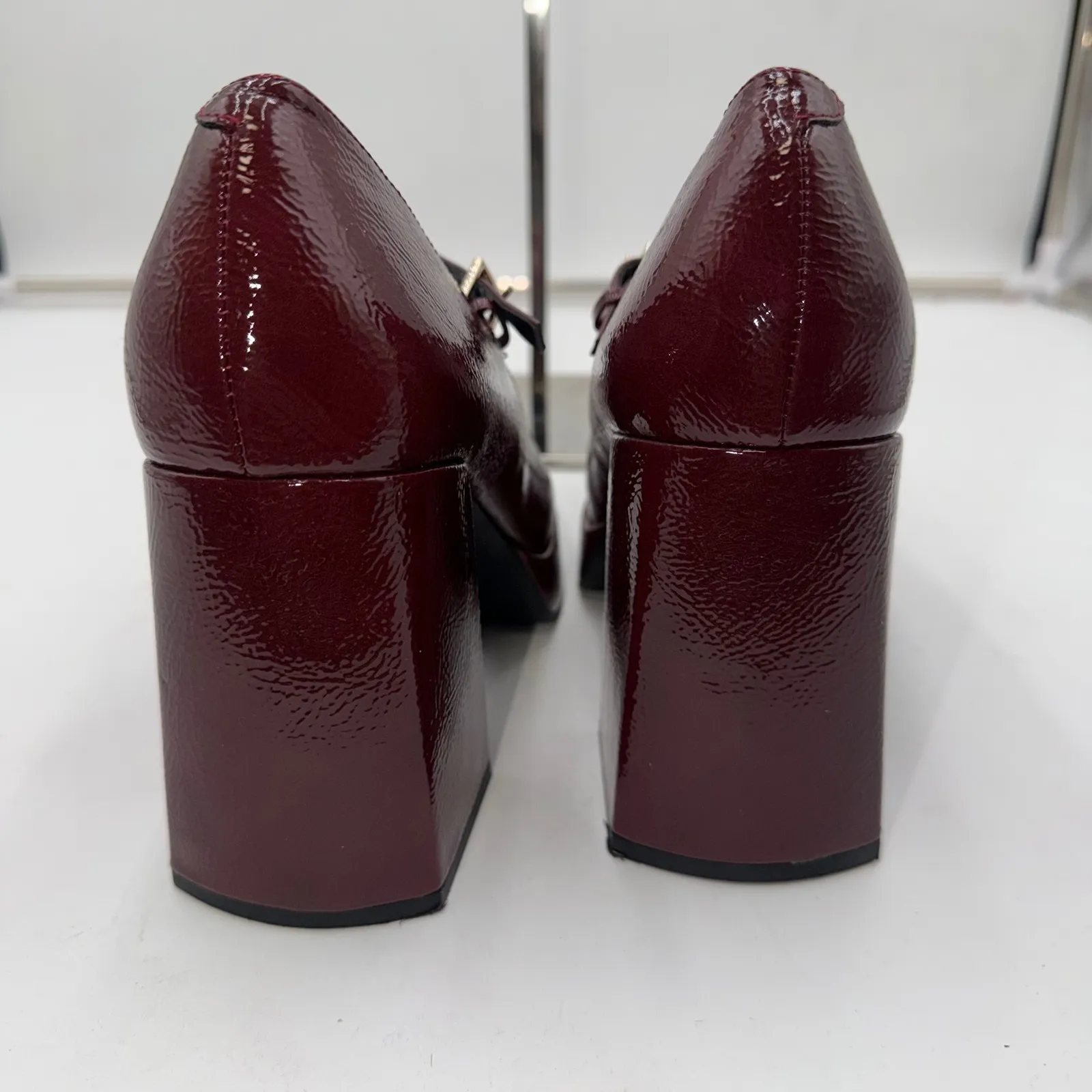 Kenneth Cole Women Burgundy Patent Leather Mary Jane Platform Chunky Heels Shoes - Image 10