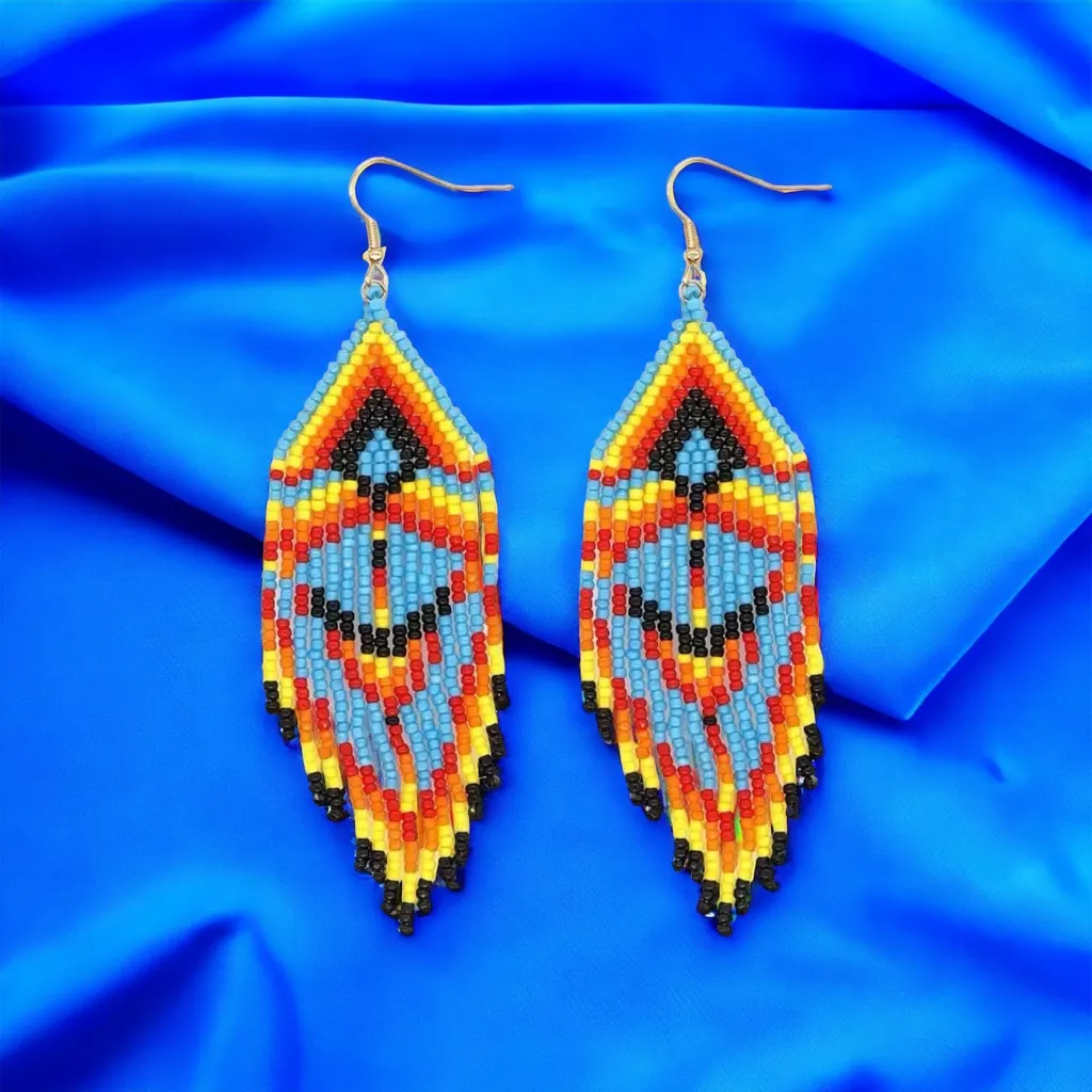 1 Pair Multicolor Bohemian Beaded Tassel Earrings Ethnic Tribal‎ Style Blue - Image 2