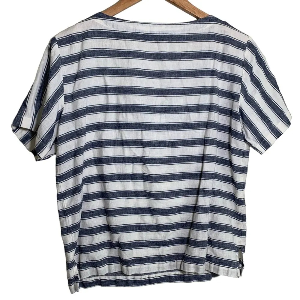 Madewell Striped Boxy Lace Up Tie Blouse Short Sleeve Linen Top Blue White Small - Image 3