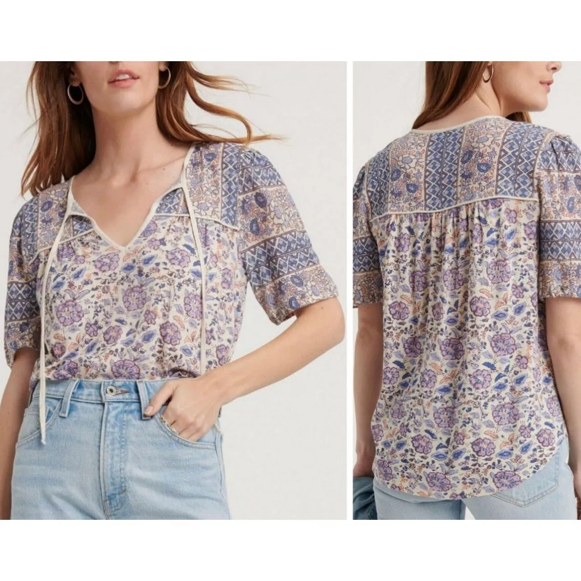 Lucky Brand boho printed tie neck top size small - Image 2