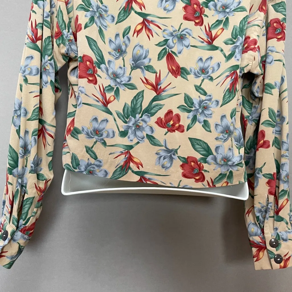 Vintage Floral‎ Top Blouse Beige Long Sleeves Tropical Collar 90s Women Hawaiian - Image 6