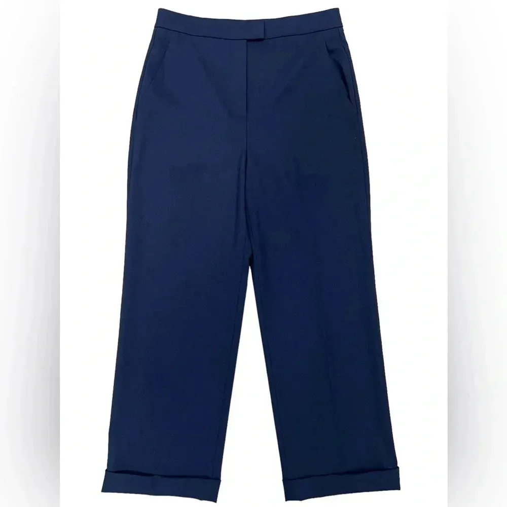 St. John Women’s Wool Cropped Straight Leg Pants Navy Cuffed Hem Office Size 6 - Image 3