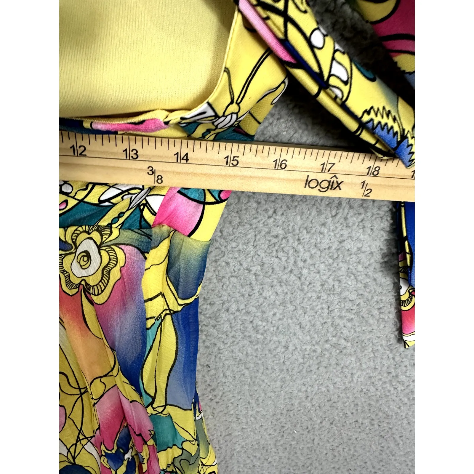 Bisou Bisou Halter Mini Dress S Yellow Pink Blue Floral Retro Mod Y2K Festival - Image 6