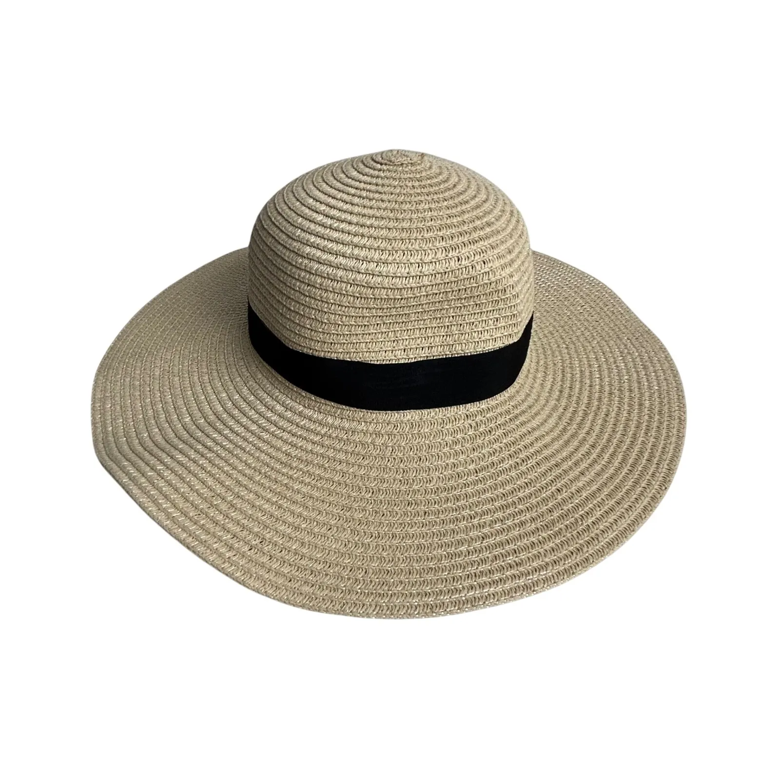 Wide Brim Straw Sun Hat Floppy Beach Vacation Fedora Black Band Tan - Image 3