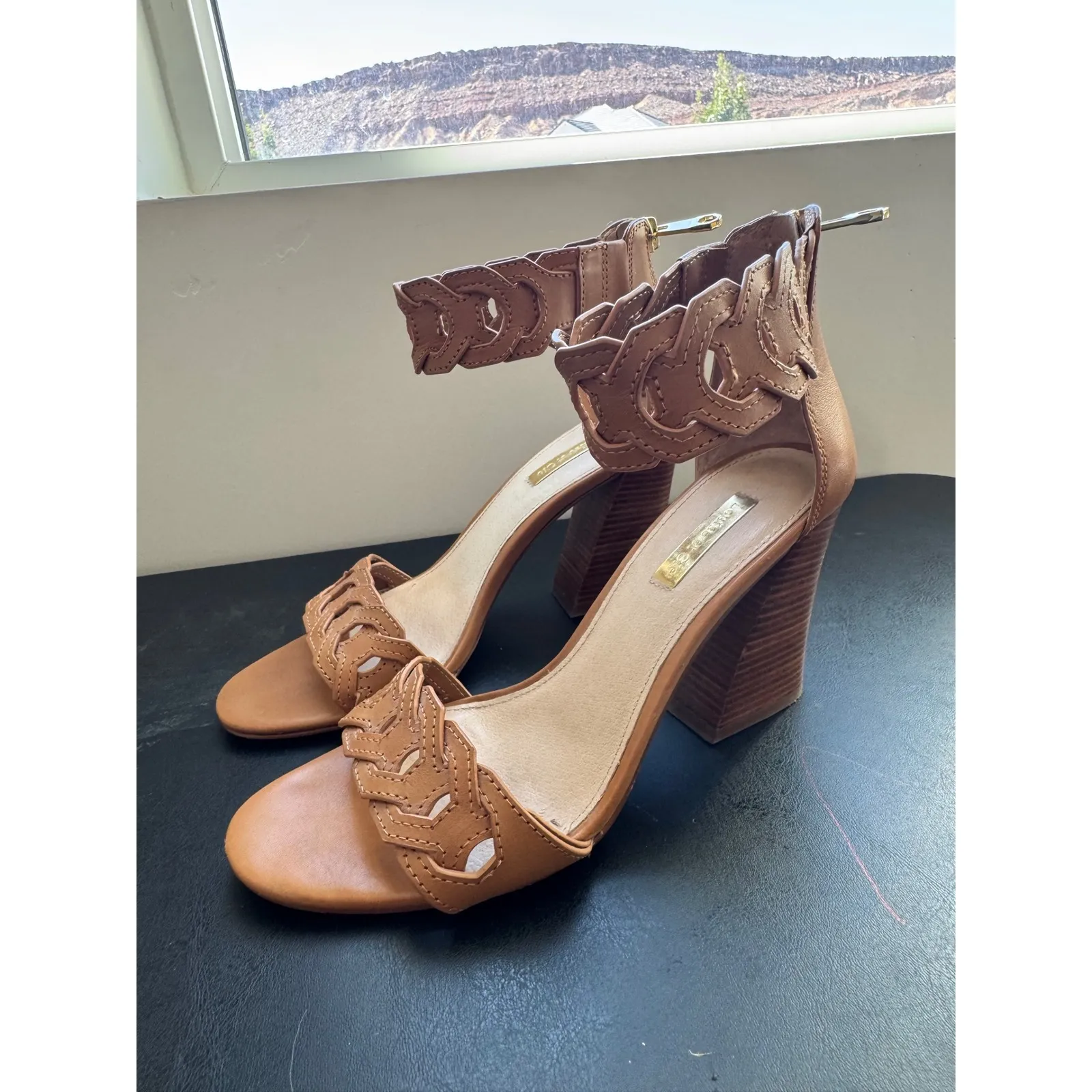 Louise et Cie Womens Leather Chunky Brown Ankle Wrapped Zip Up Heels sz 7.5 Chic - Image 2