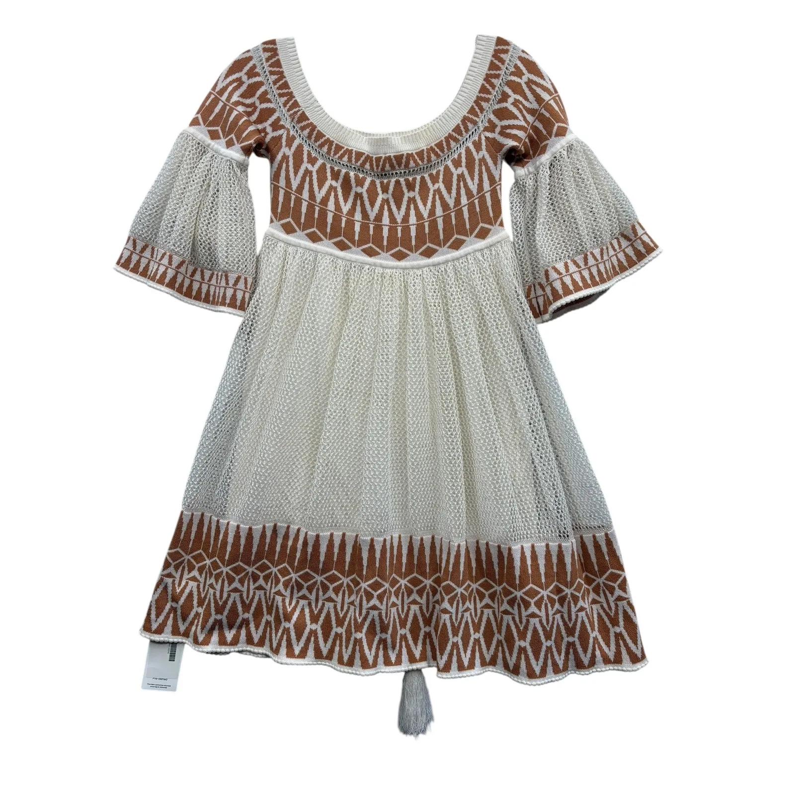 Ronny Kobo Women's Adina Mini Dress Geometric Pattern Tassel Bell Sleeve Boho S Brown - Image 2