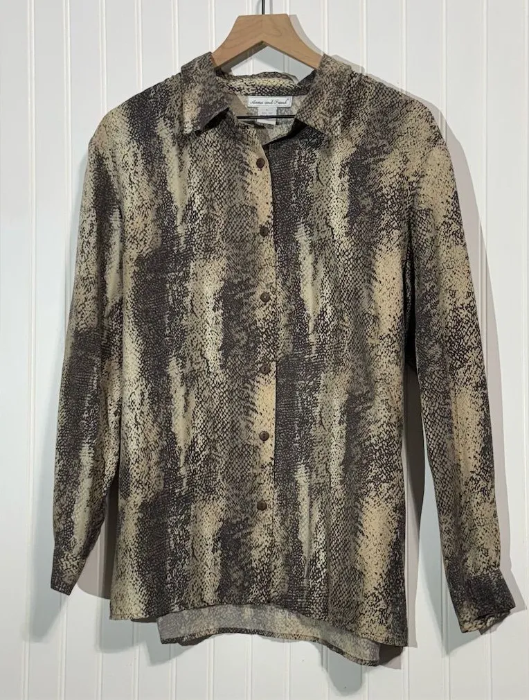 Anna and Frank 100% Silk Blouse L Snake Print Neutral Brown Beige Button Down Gray Size L - Image 1