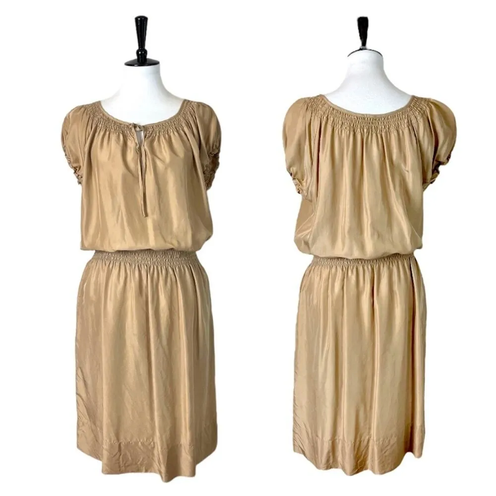 Talbots Dress Smocked Blouson Waist Tan 100% Silk Short Sleeve Women’s Medium M - Image 12