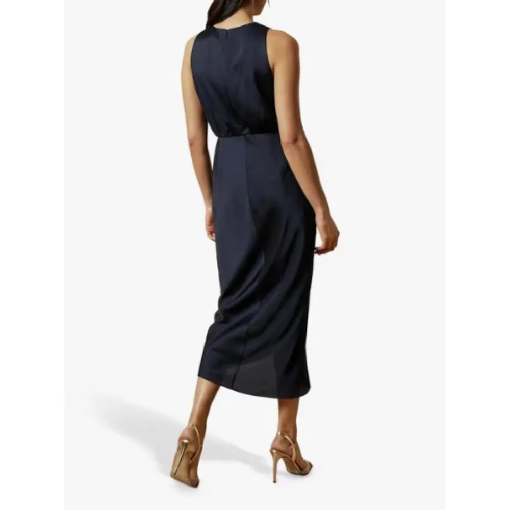 TED BAKER Pohshan Navy Blue Keyhole Tie Wrap Midi Dress Size Medium 3 - Image 3