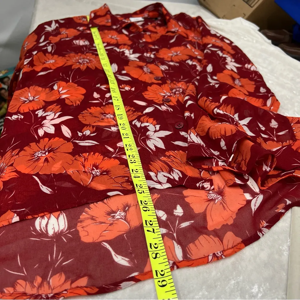 Cabi size M hot house red Orange blouse sheer floral button up long sleeve top - Image 7