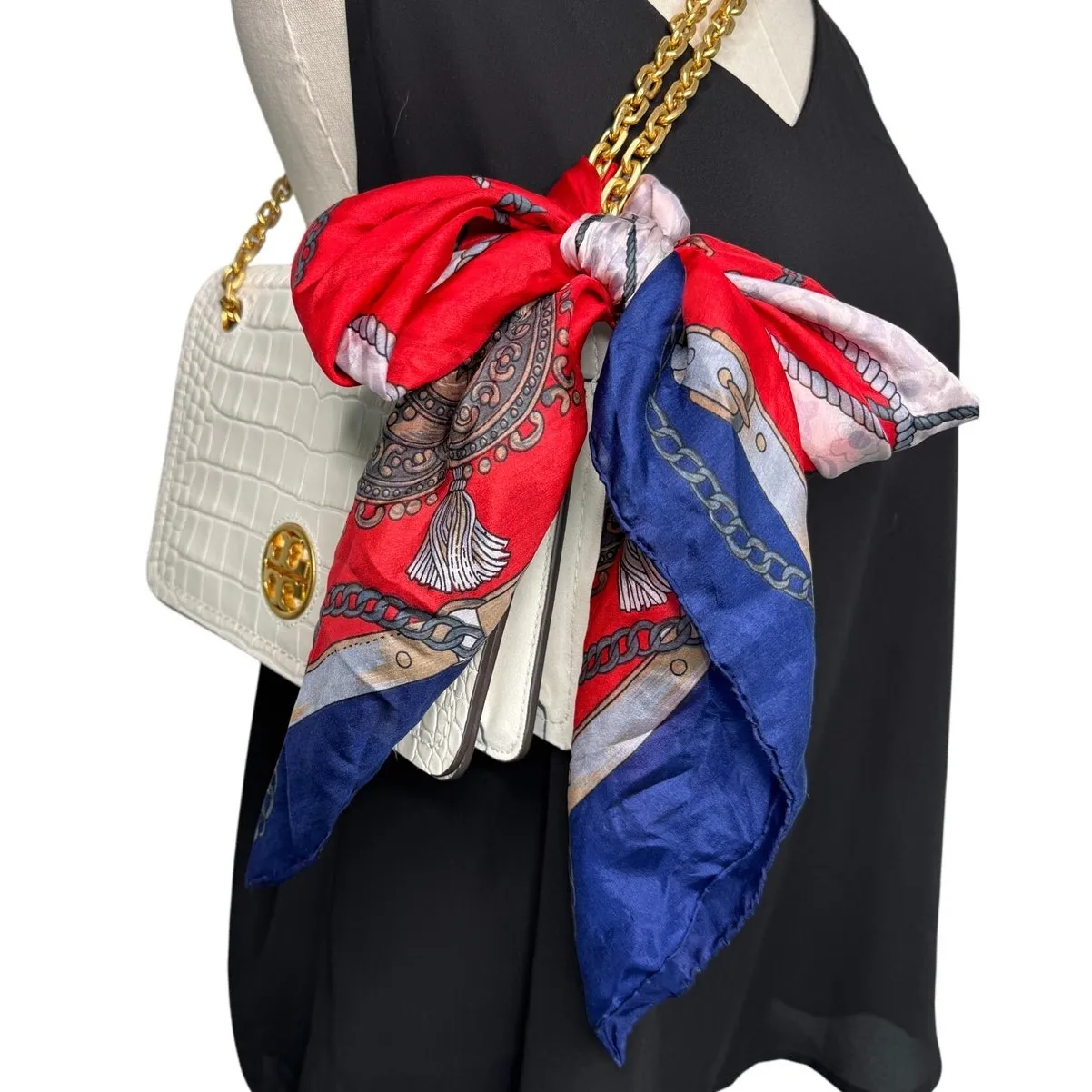 Golden Dragon brand 100% silk preppy nautical silk scarf red blue 32 x 33.5" - Image 4