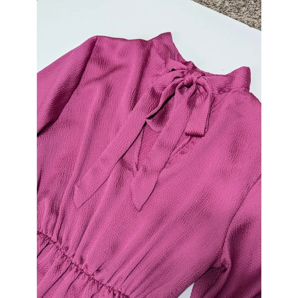 Vici Call Me Angel Dress Satin Pink Long Sleeve Tie Back Mock Neck Flirty Girly - Image 4