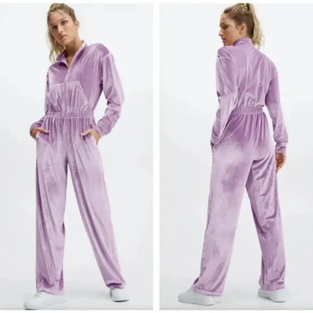 Fabletics Womens Purple Velour Zip Up Wide Leg Jumpsuit Tracksuit Onesie Cozy M - Image 2