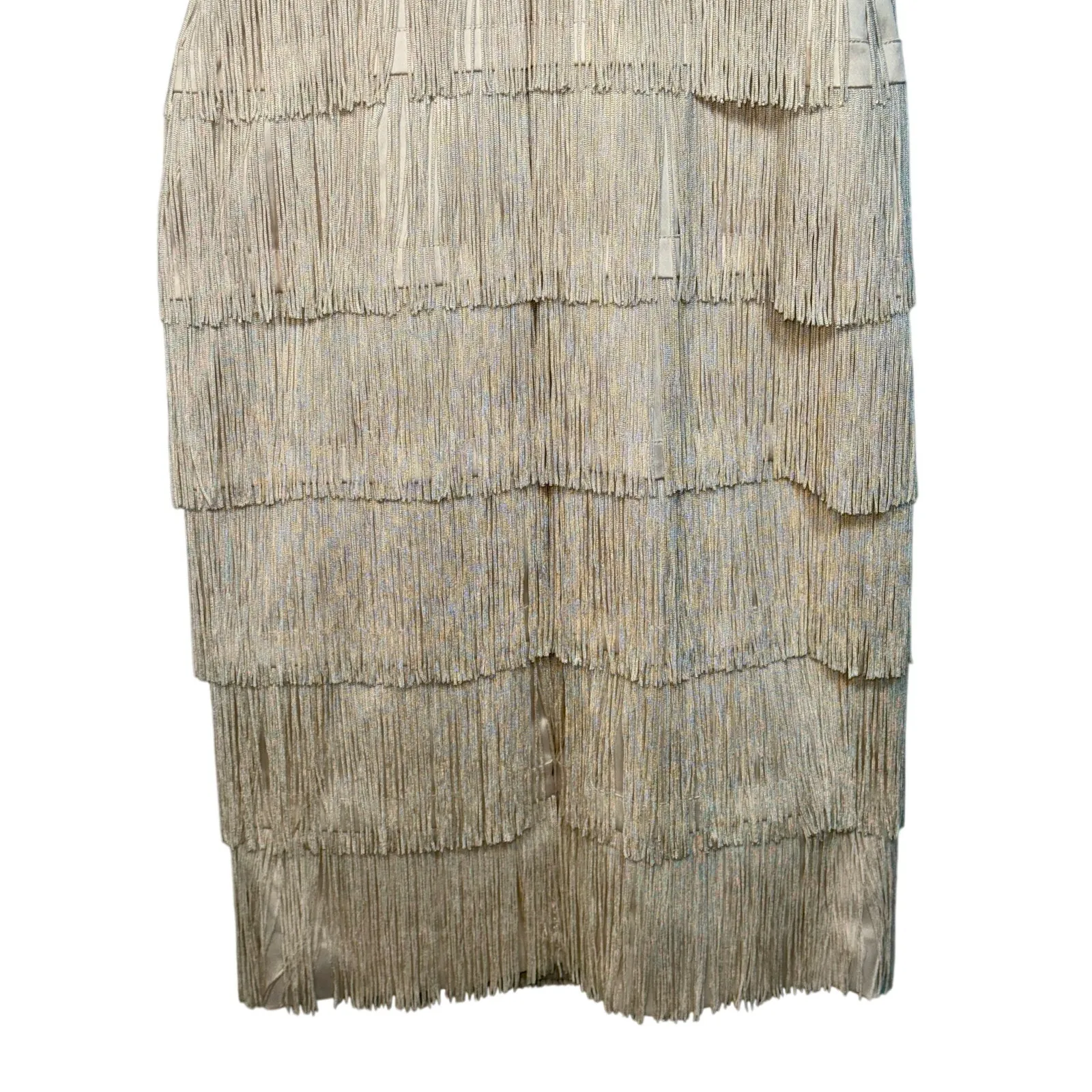 NWT Mandalay Cream Ivory Gold Beaded Fringe Midi Evening Cocktail Dress Womens 2 - Image 9