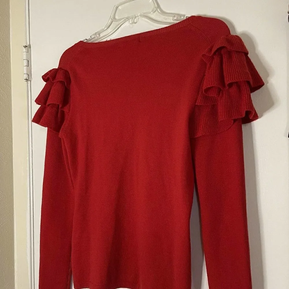 Badgley Mischka Red Wool knit ruffle sleeve detail round neck sweater size small - Image 7
