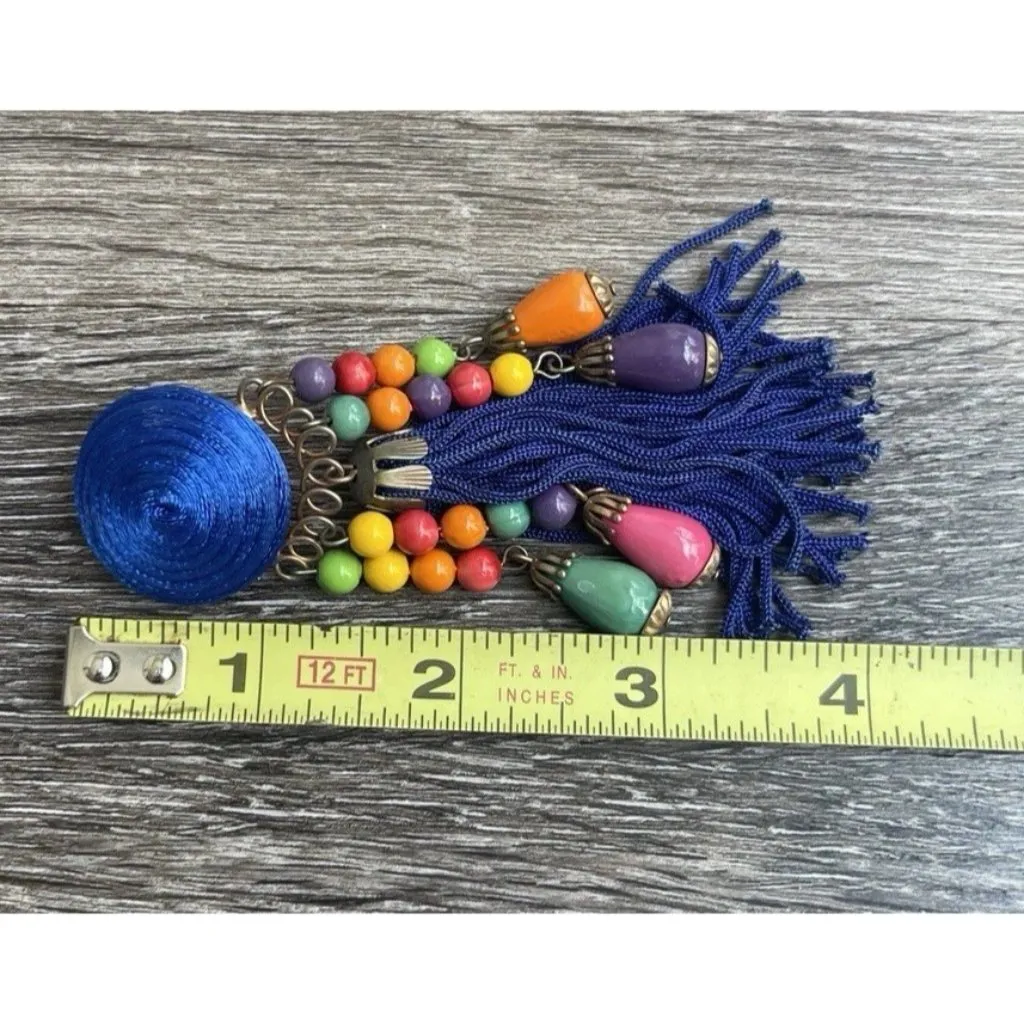Vintage Earrings Large Long Blue Multi Color Boho Circle Clip On Fringe 80s 90 - Image 9