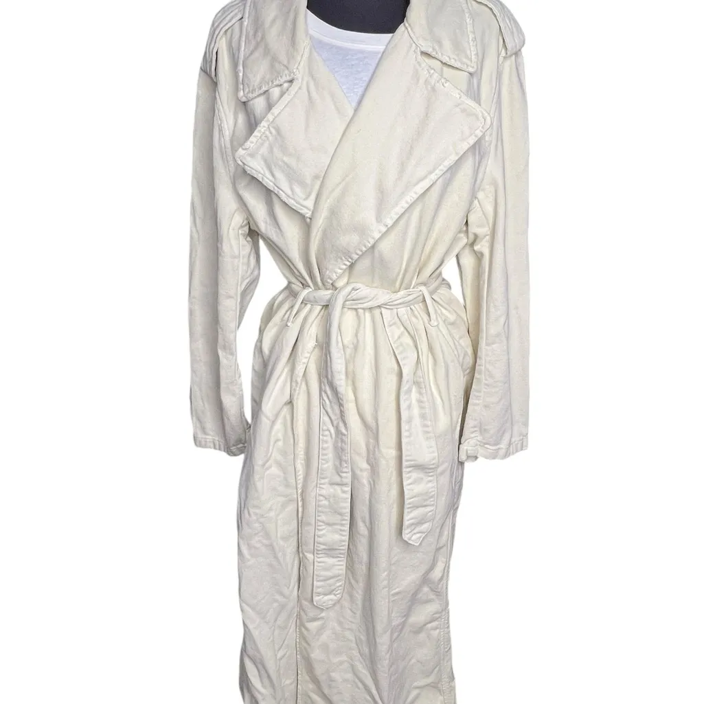 Zara Women Cream Lapel Collar Long Sleeves Denim Belted Cotton Topcoat Sz Med - Image 7