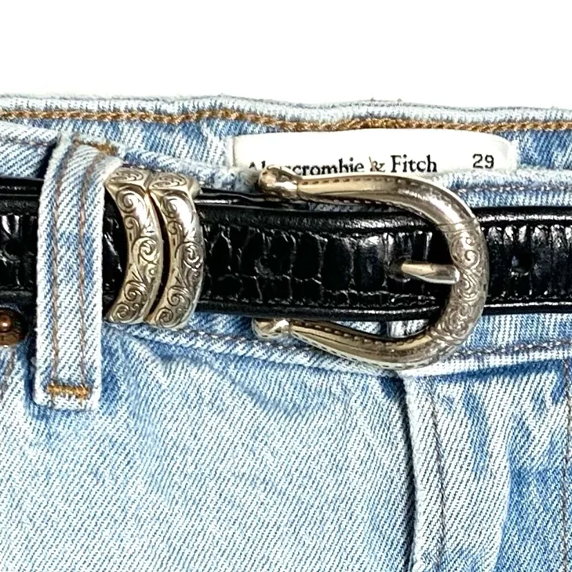 Brighton Horsebit Old Money Black Croc Print Belt Silver Western Style - Image 16