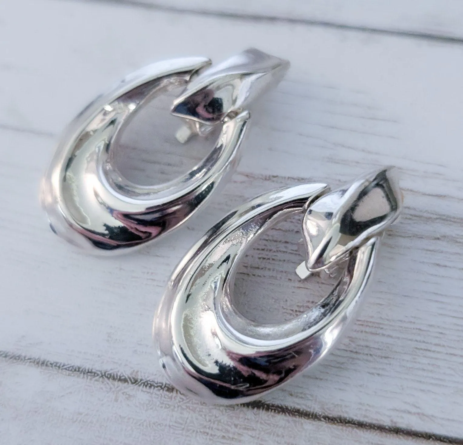 Vintage Clip On Earrings Silver Tone Large - Image 2