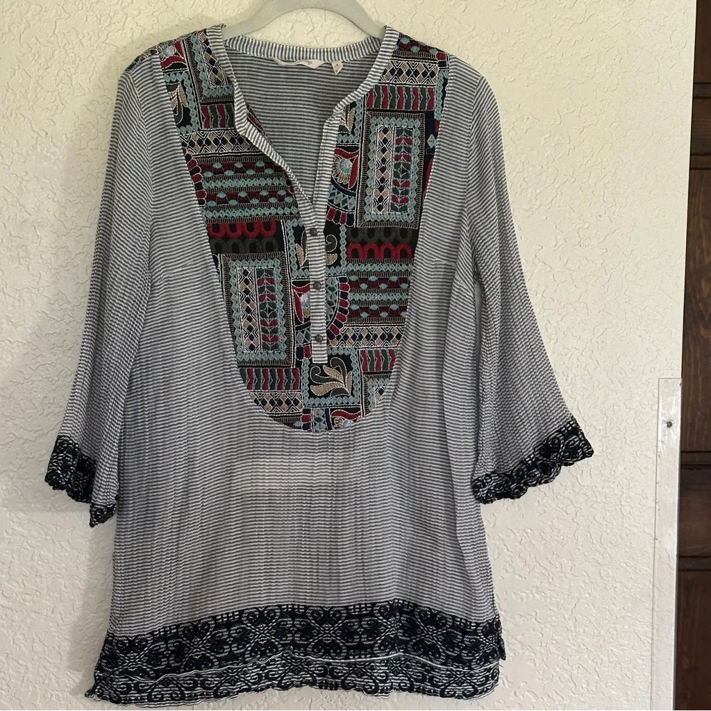 Soft Surroundings Embroidered Small Striped Tunic Top Western Aztec Boho Artsy - Image 3