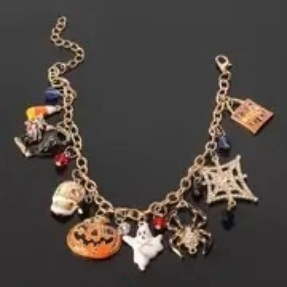 Halloween Charm Bracelet Trick Treat Ghost Black Cat Sugar Skull Spider … - Image 4