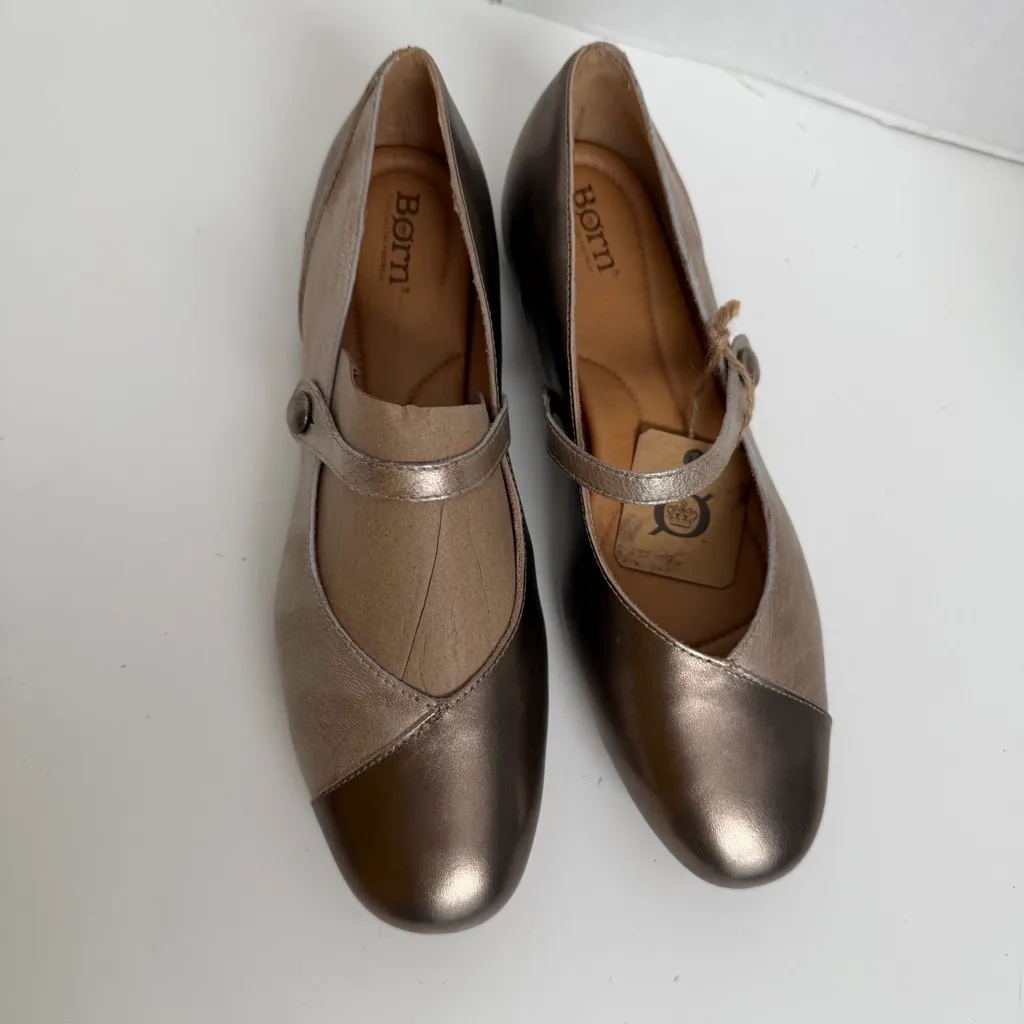 Born Mary Janes Pandora Ballet Flat Leather Round Toe Pewter Light Gold Metallic - Image 3
