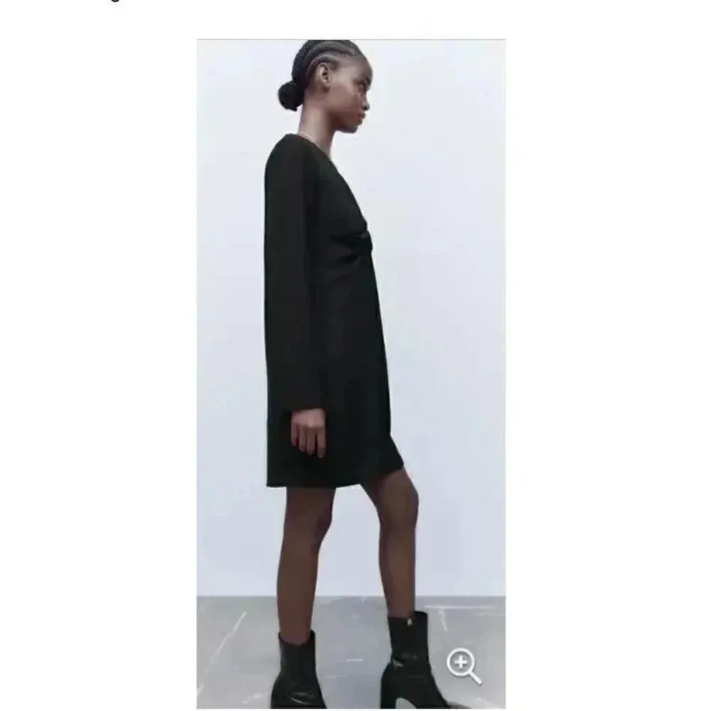 ZARA Black SHORT DRAPED DRESS Long Sleeves V-Neck Women’s Minimalist SZ S #1669 - Image 2