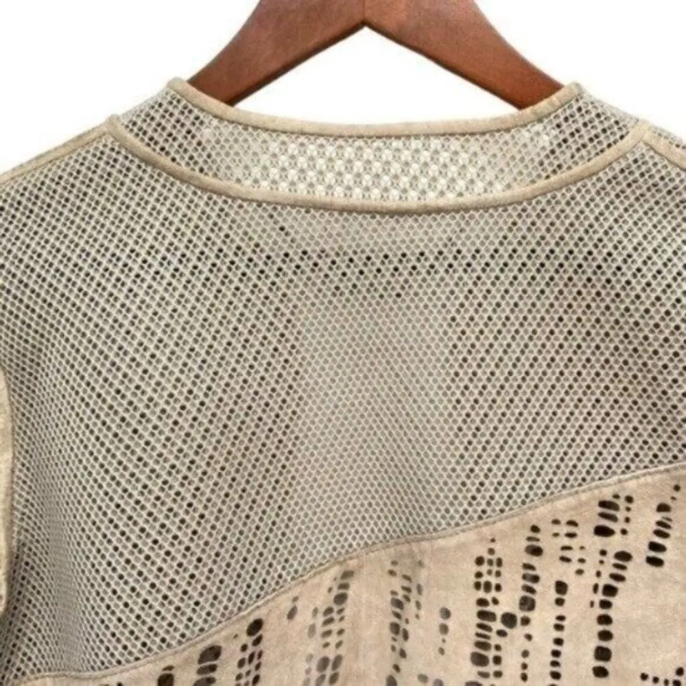 Lamb Suede Leather Mesh Open Front Jacket - Image 15