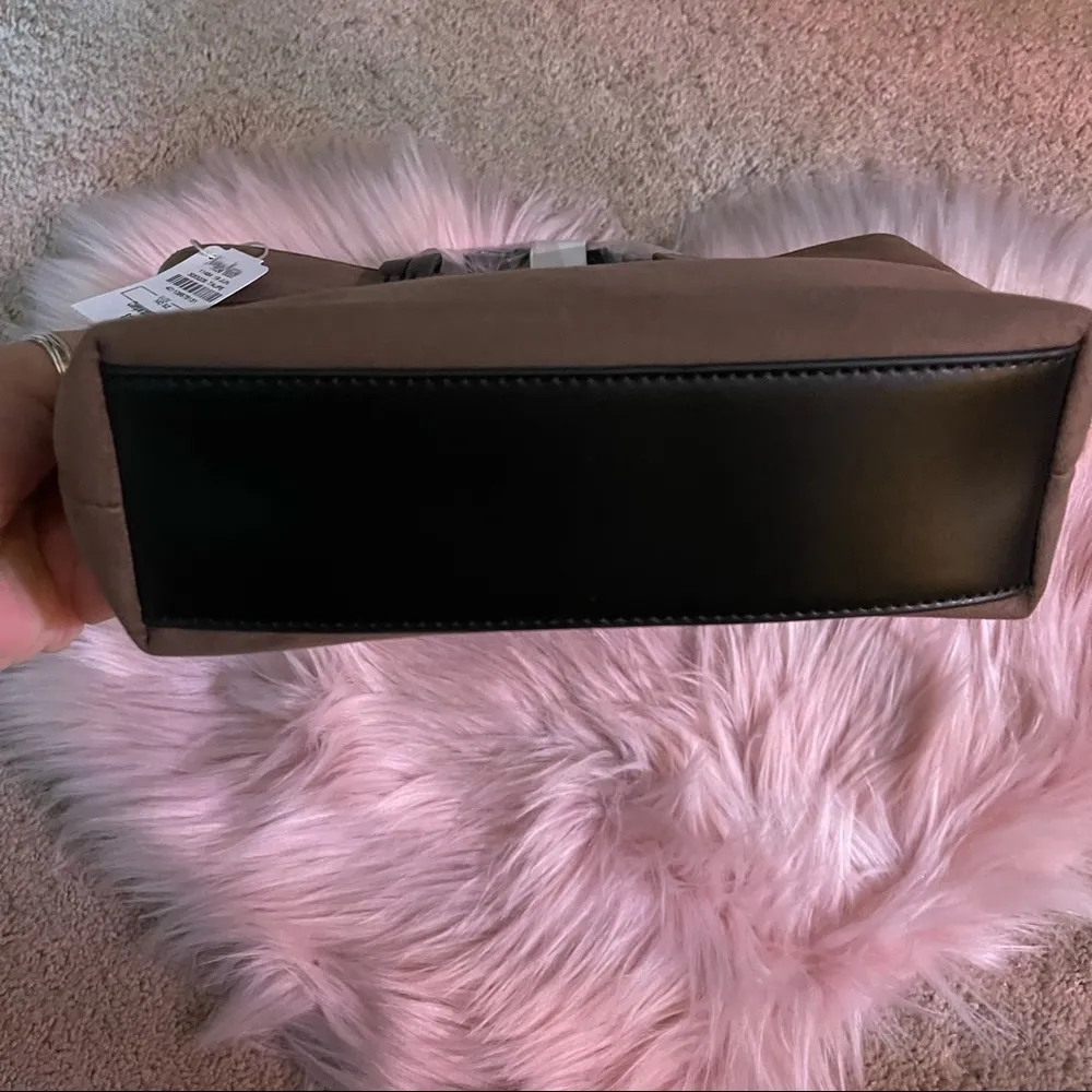 Neiman Marcus Mini Faux Suede Taupe Crossbody Tote Bag - Image 13