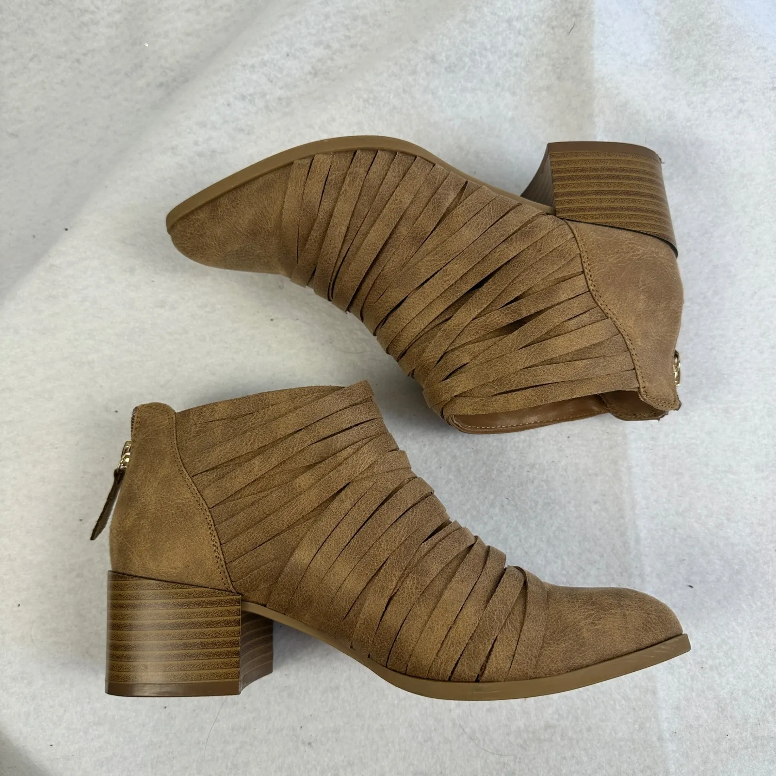 Fergie Fergalicious Tan Strappy Block Heel Ankle Boots Women 6.5 Moto Fringe‎ Brown - Image 5