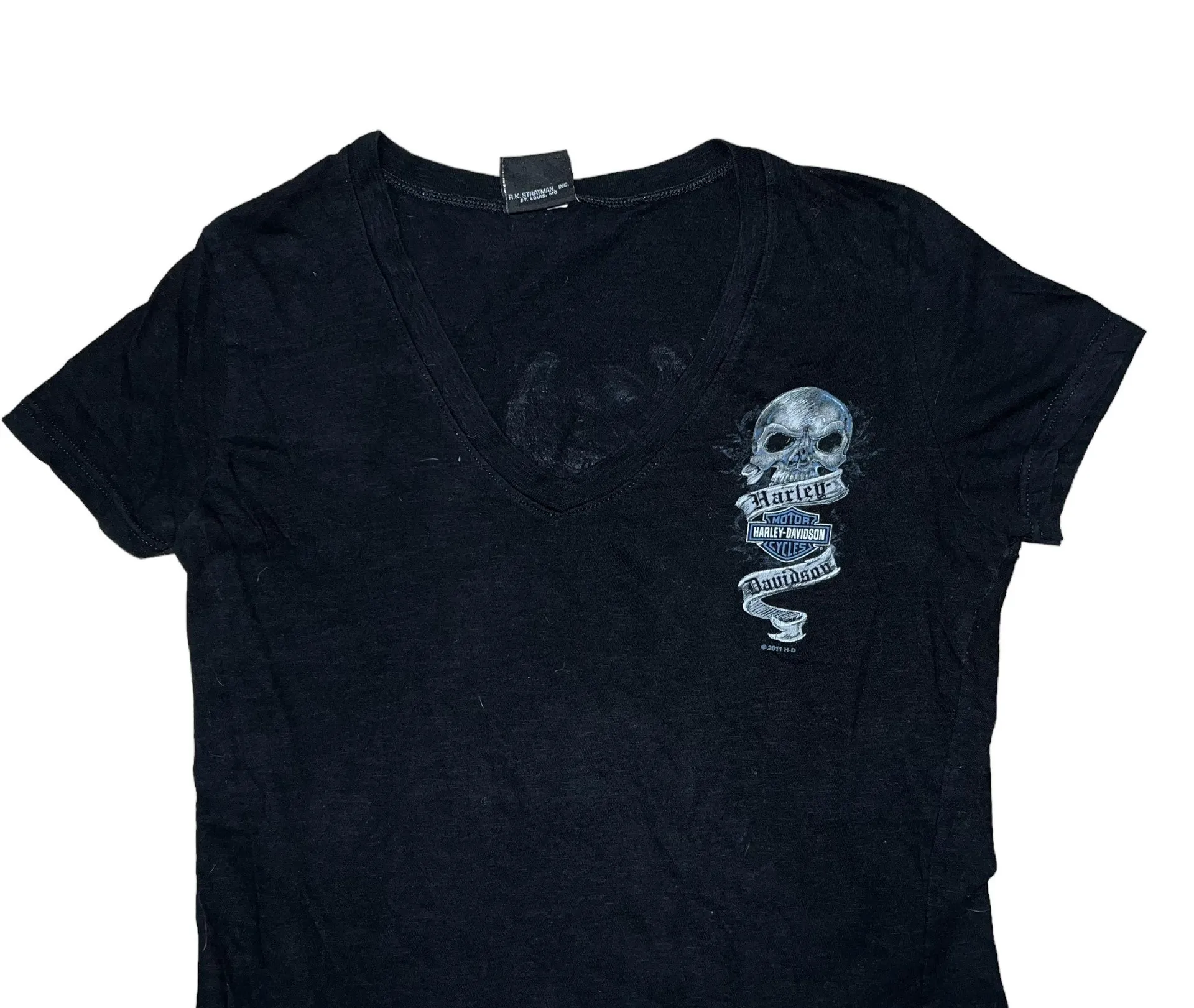 Skull Angel San Diego California Motorcycle T-Shirt Black V-Neck - Image 3