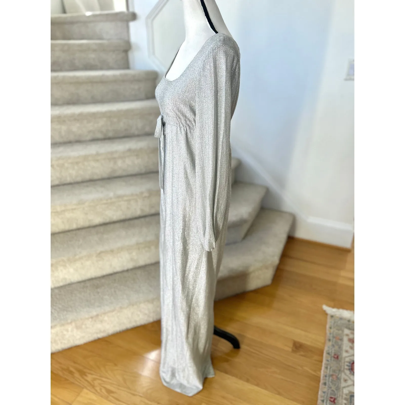 Vintage 1970s Metallic Silver Baby Doll Blouson Sleeve Maxi Hostess Dress - Image 2