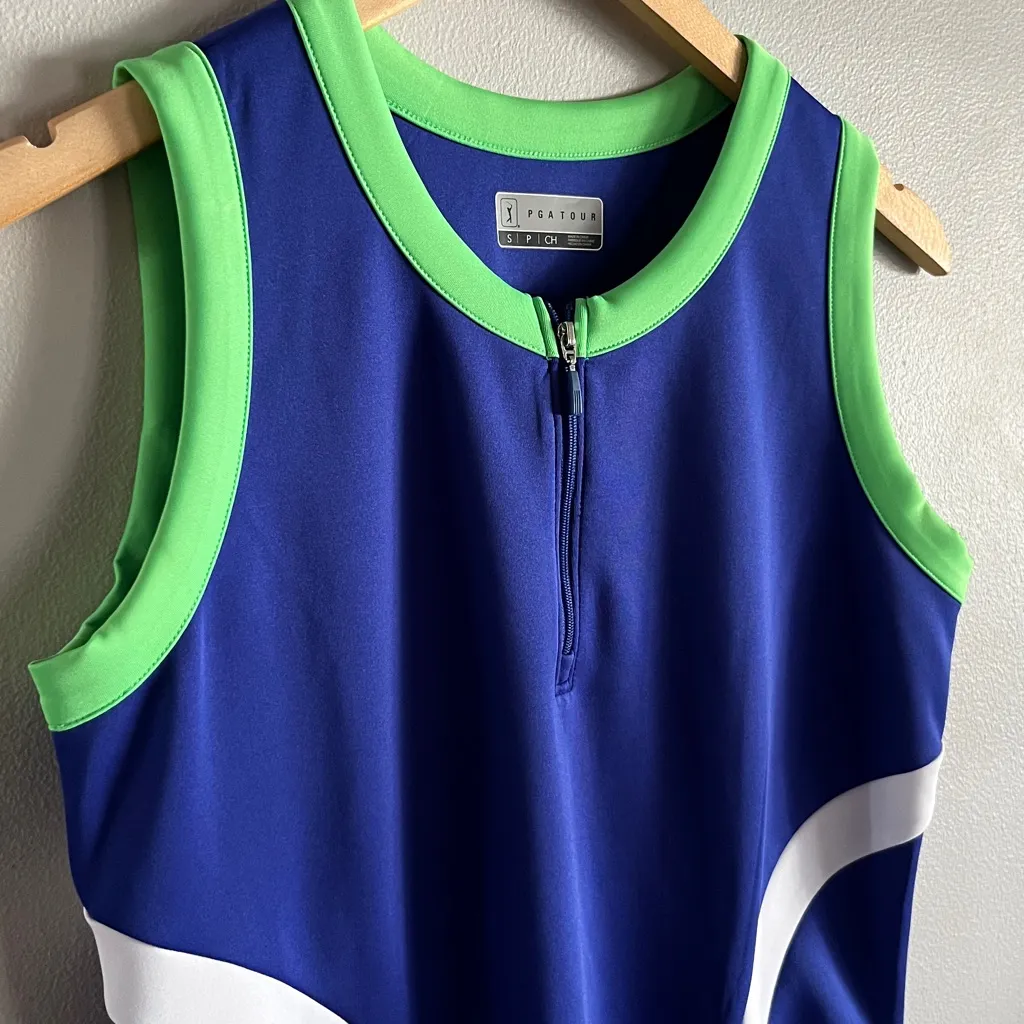 PGA TOUR Sleeveless Zip Front Golf Tennis Dress Blue Green Colorblock S - Image 3