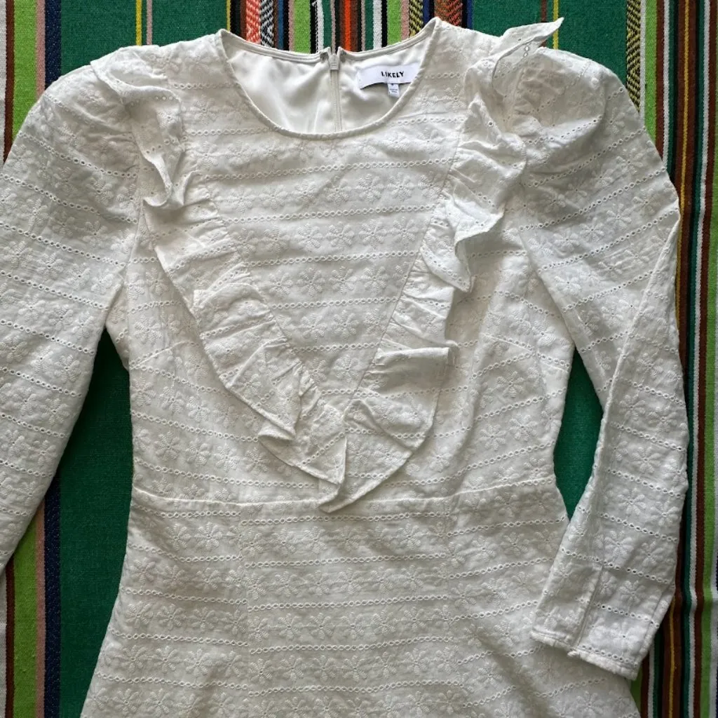 Revolve Likely "Emelynn" daisy eyelet ruffle babydoll mini dress in white size 6 - Image 6