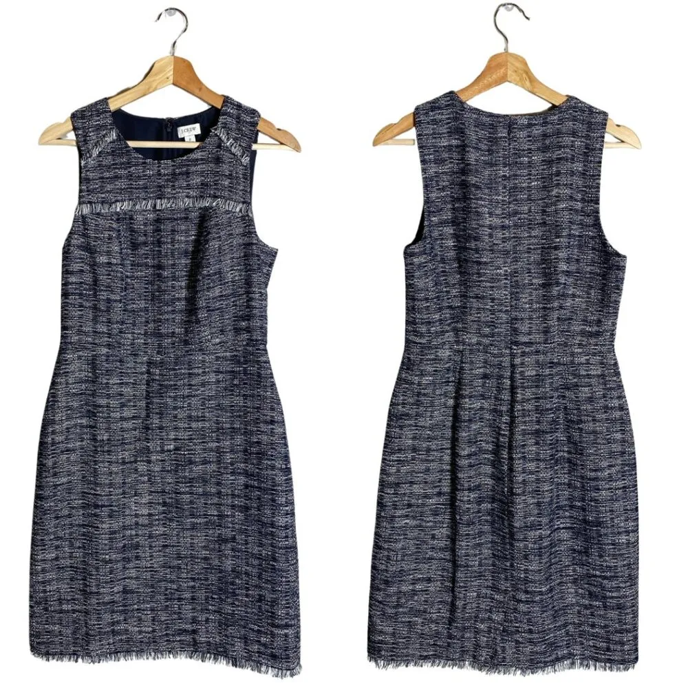 J.Crew Factory Tweed Fringe Sheath Dress Women's 2 Navy Sleeveless Career Preppy Blue - Image 3