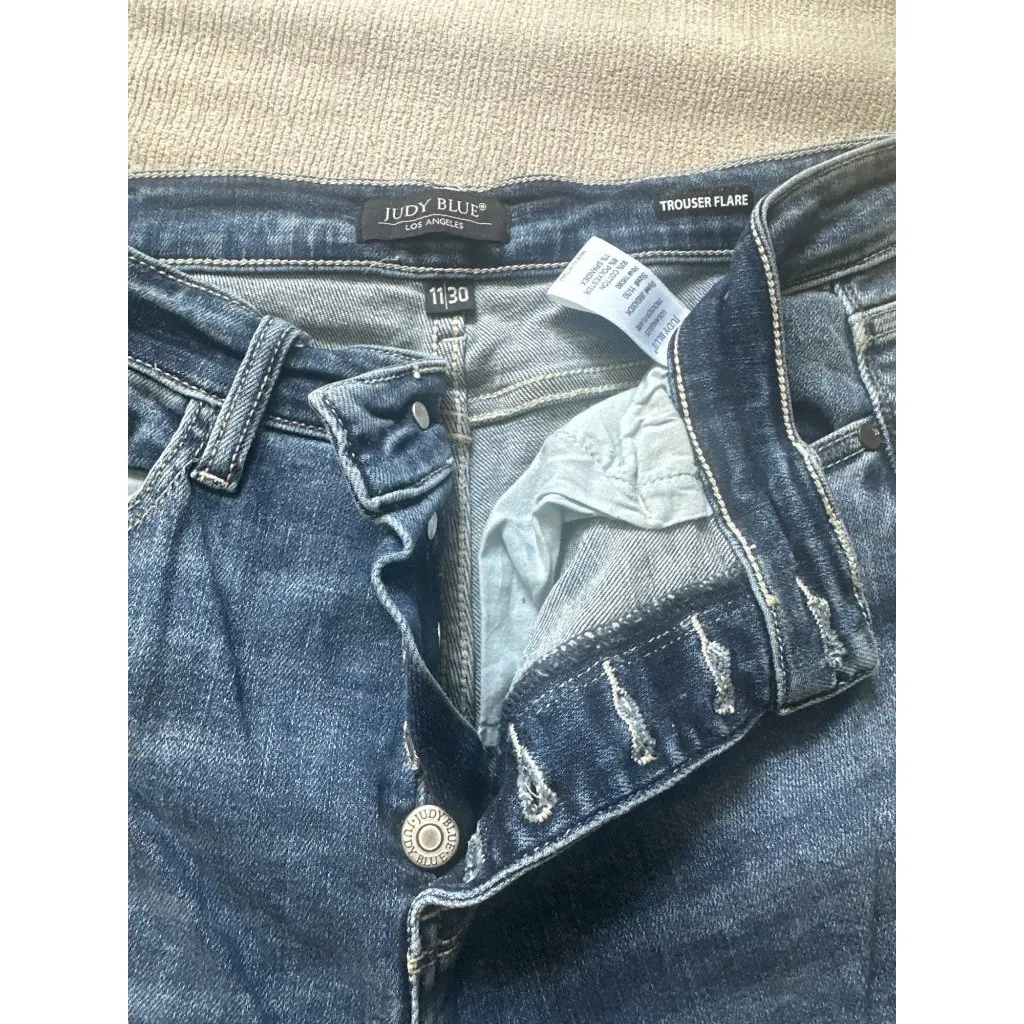 Judy Blue Womens Distressed Trouser Flare Jeans Size 11/30 Med Wash Cotton Blend - Image 3