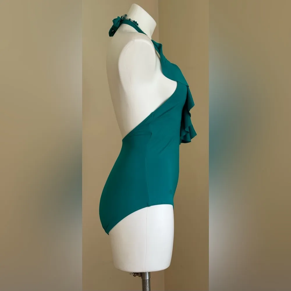 Ralph Lauren Emerald Blue One piece, bathingsuit low V-cut neckline Ruffles SZ 6 - Image 5