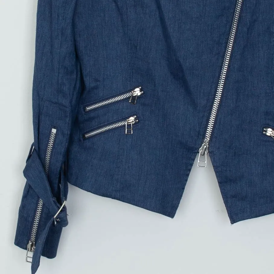Veronica Beard Blue Linen Blend Asymmetrical Zip Moto Jacket Womens Size 12 Edgy - Image 4