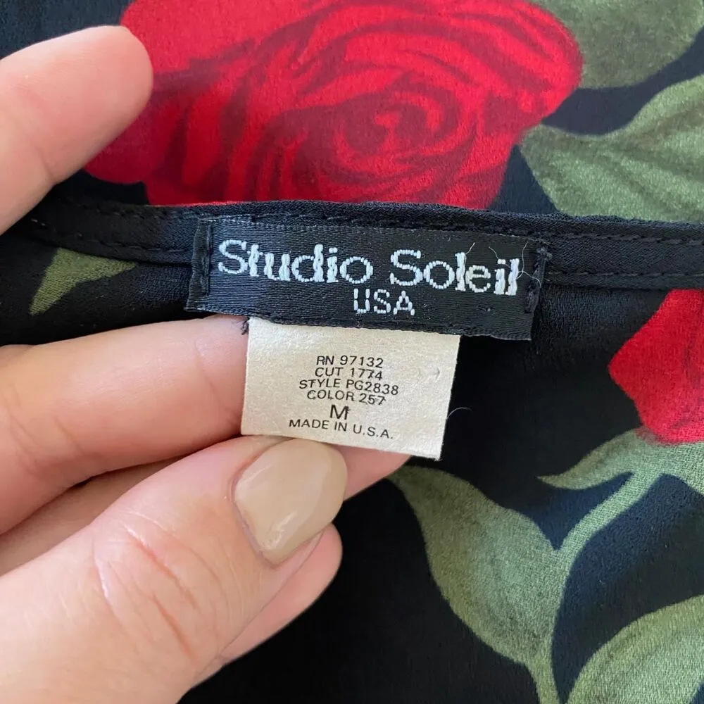 Whimsygoth Black Red Flower Frilly Ruffle Rose Mesh Button Up Vintage Blouse M Size M - Image 7