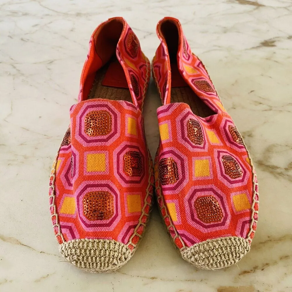 TORY BURCH Vivid Orange Octagon Sq Cecily Embellished Espadrille Flats - US 7 - Image 4