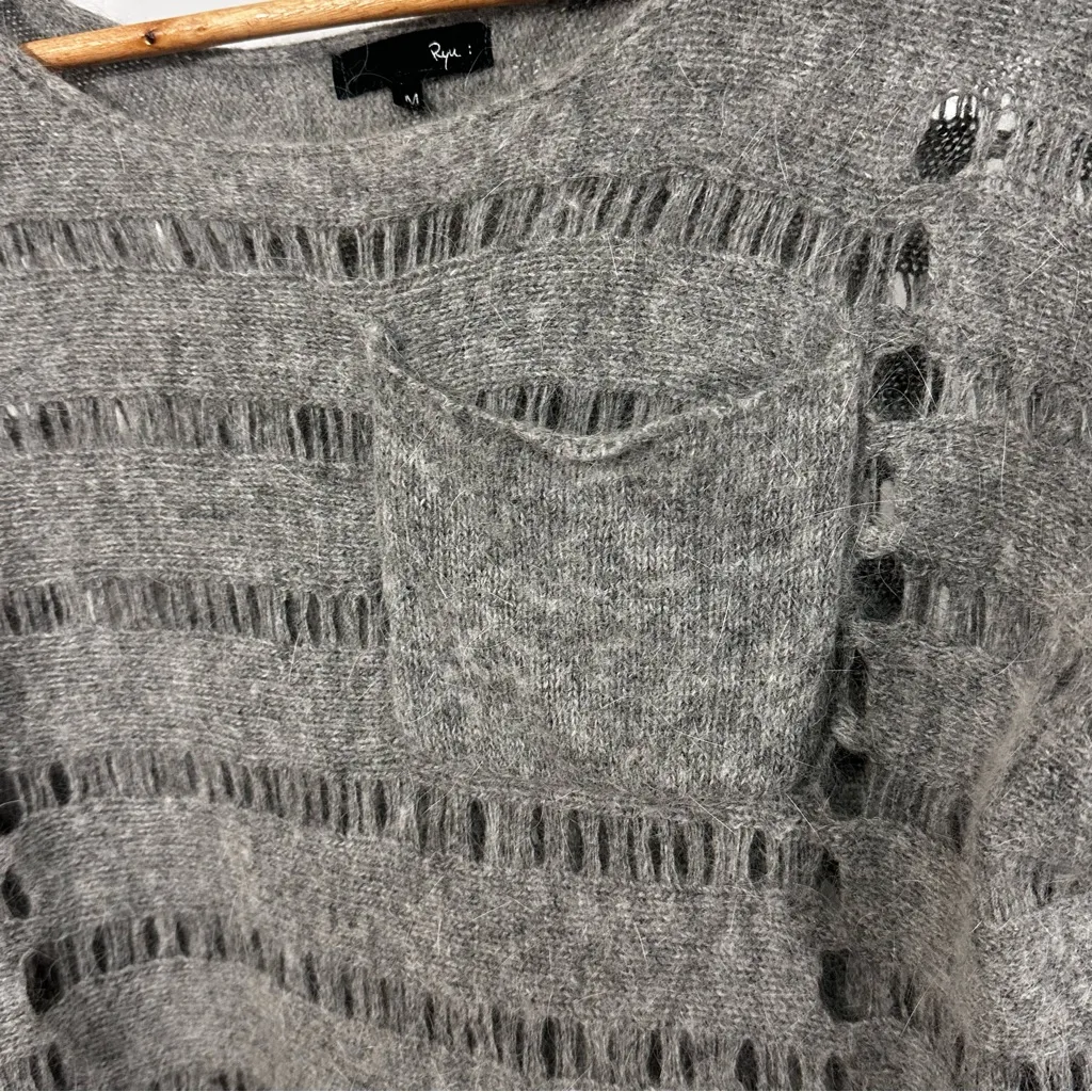 Ryu Angora Wool Blend Distressed Open Knit Sweater Gray M - Image 3