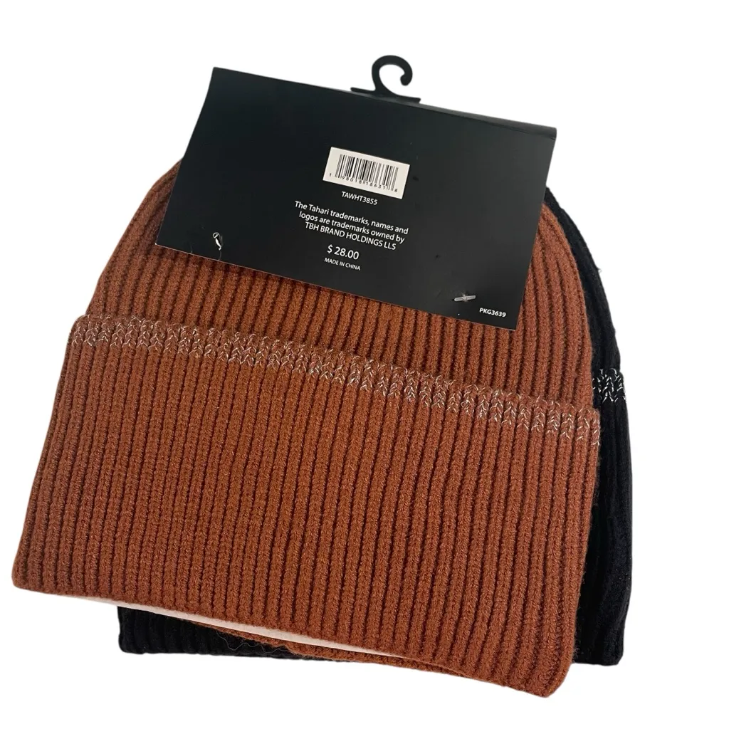 Tahari Cuffed Knit Beanies Women Ribbed Winter Hats 2 Pack Black Brown Silver - Image 2