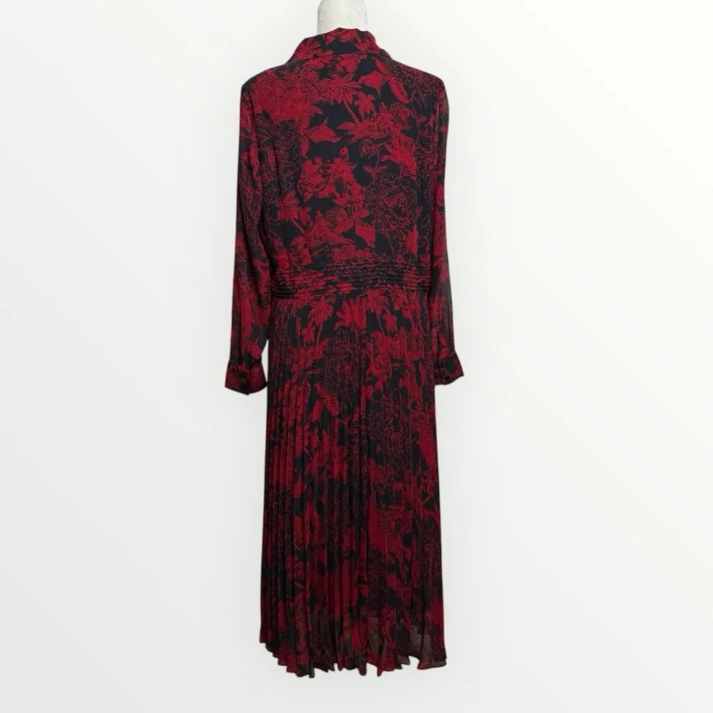GILI Pleated Midi Dress Woman’s Size 12 Black Red Toile Sheer Sleeves Pintuck - Image 5