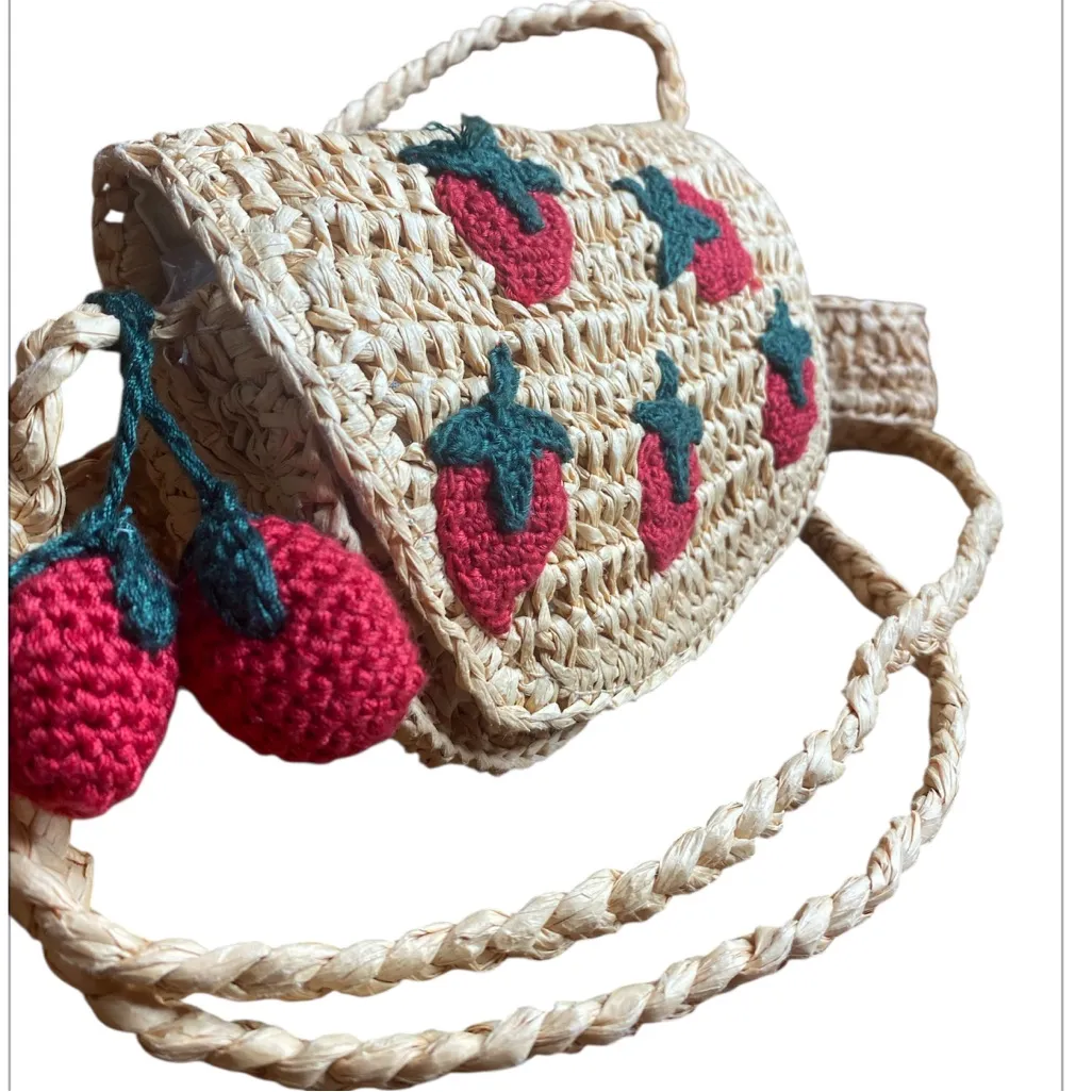 Zara Crossboy & Belt Strawberry Woven Bag with Red Strawberrys and Green Accents - Image 7