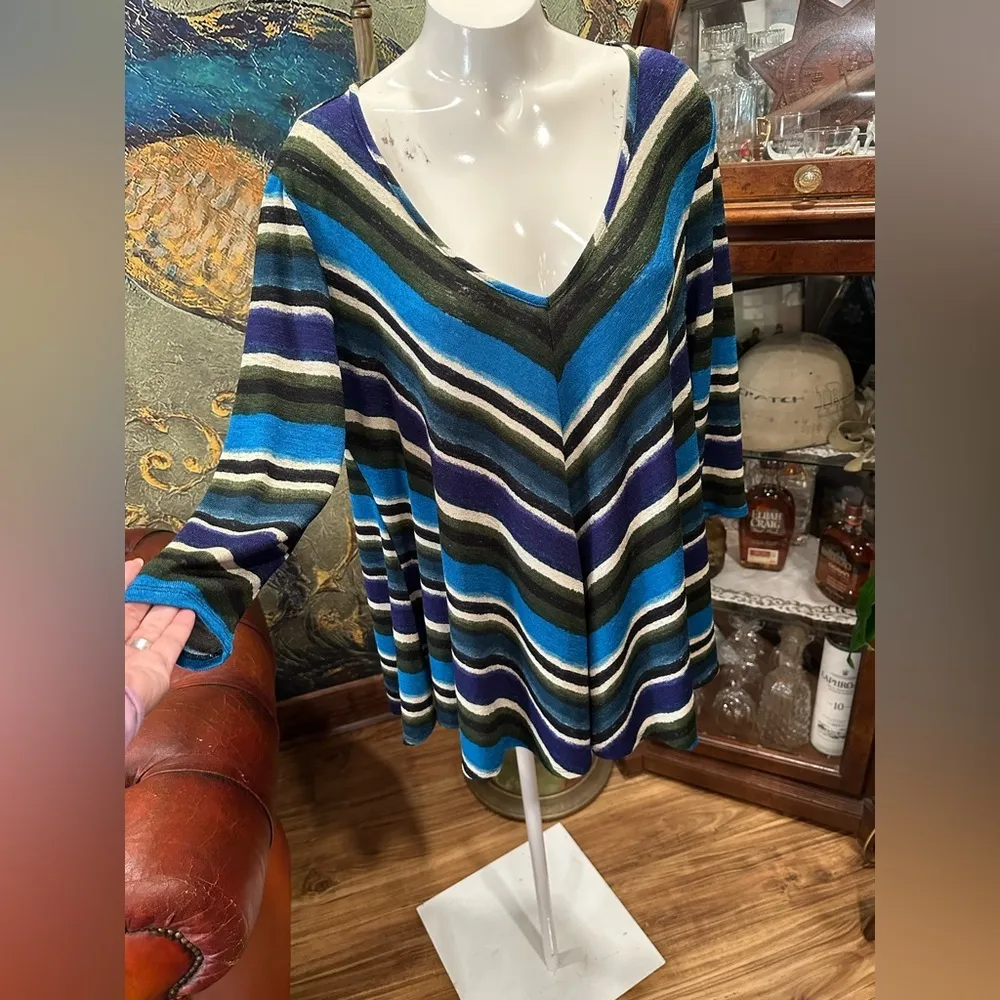 EUC NY Collection Tunic color block Blue Green White VNeck lightweight Pullover - Image 2