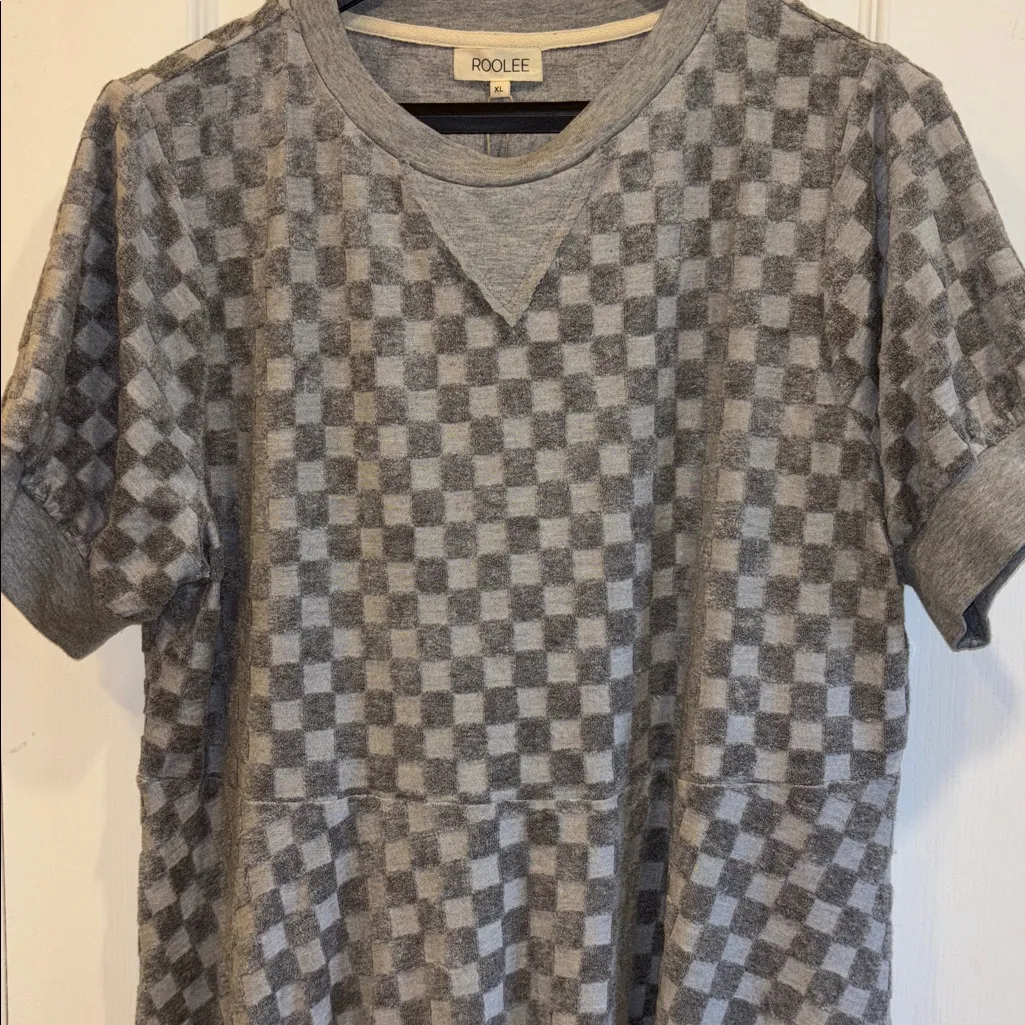 ROOLEE BRAND GREY CHECKERED SHORT SLEEVE MIDI DRESS FIT AND FLARE DRESS SIZE XL - Image 3